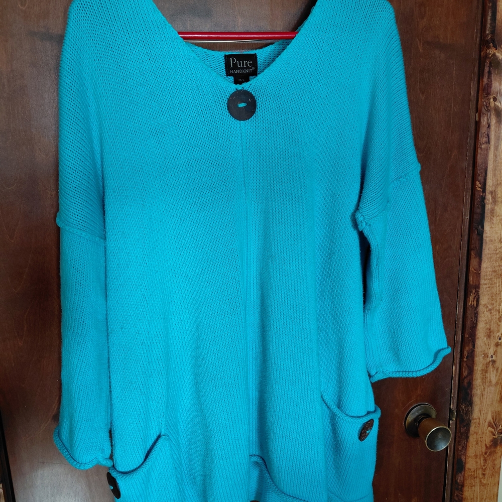 Pure Handknit Turquoise Sweater Designed In Canada 100% Cotton